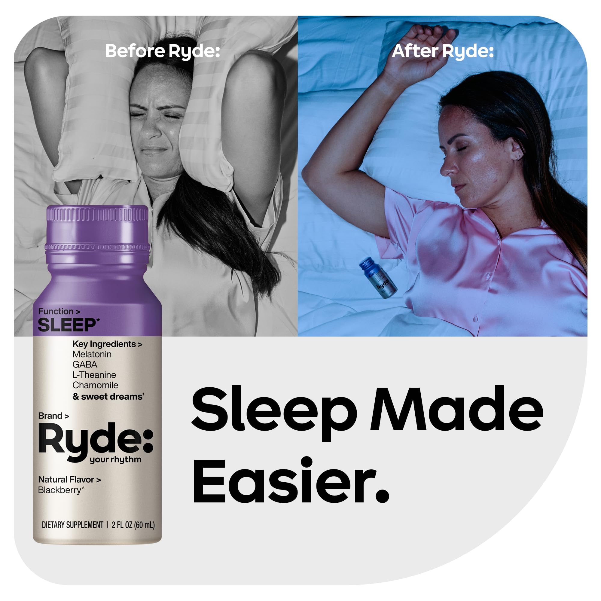 Ryde Sleep bottle pour, easy 2oz shot with blackberry flavor for wind-down.
