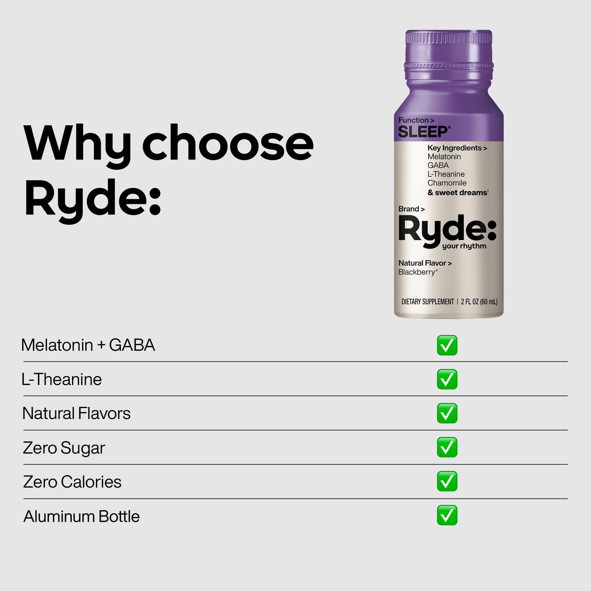 Ryde Sleep blackberry splash flavor, natural taste enhancing the evening ritual.