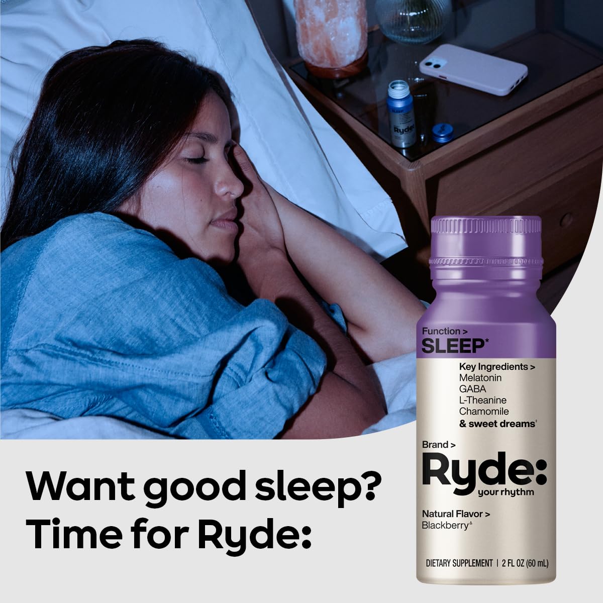 Ryde Sleep ingredients GABA, L-Theanine, chamomile for calm evenings.