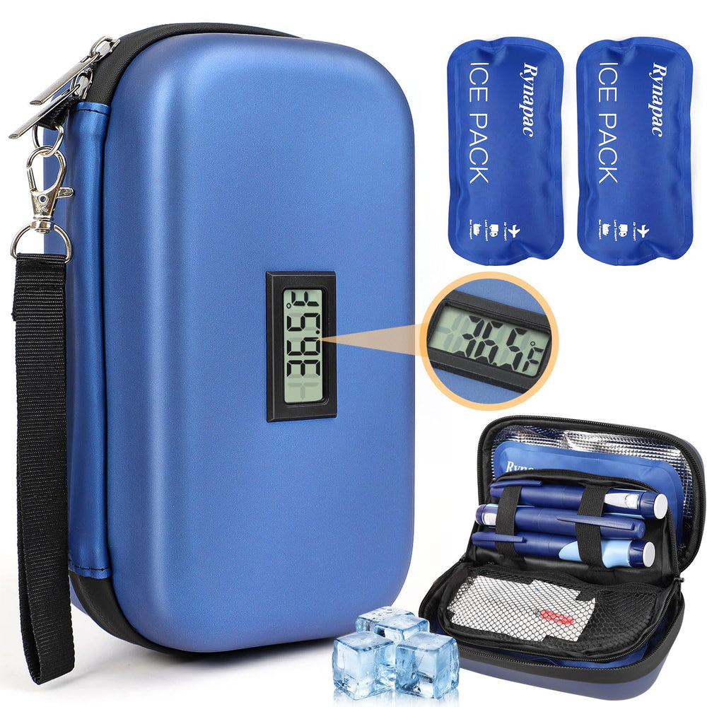 Rynapac insulin cooler travel case top view, ideal for compact packing on trips