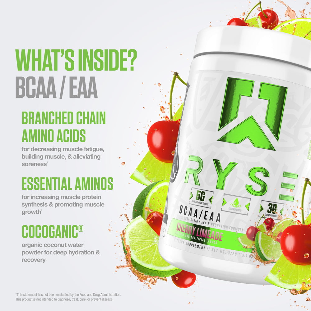 RYSE BCAA EAA Powder Cherry Limeade ingredients label highlights clean formula.