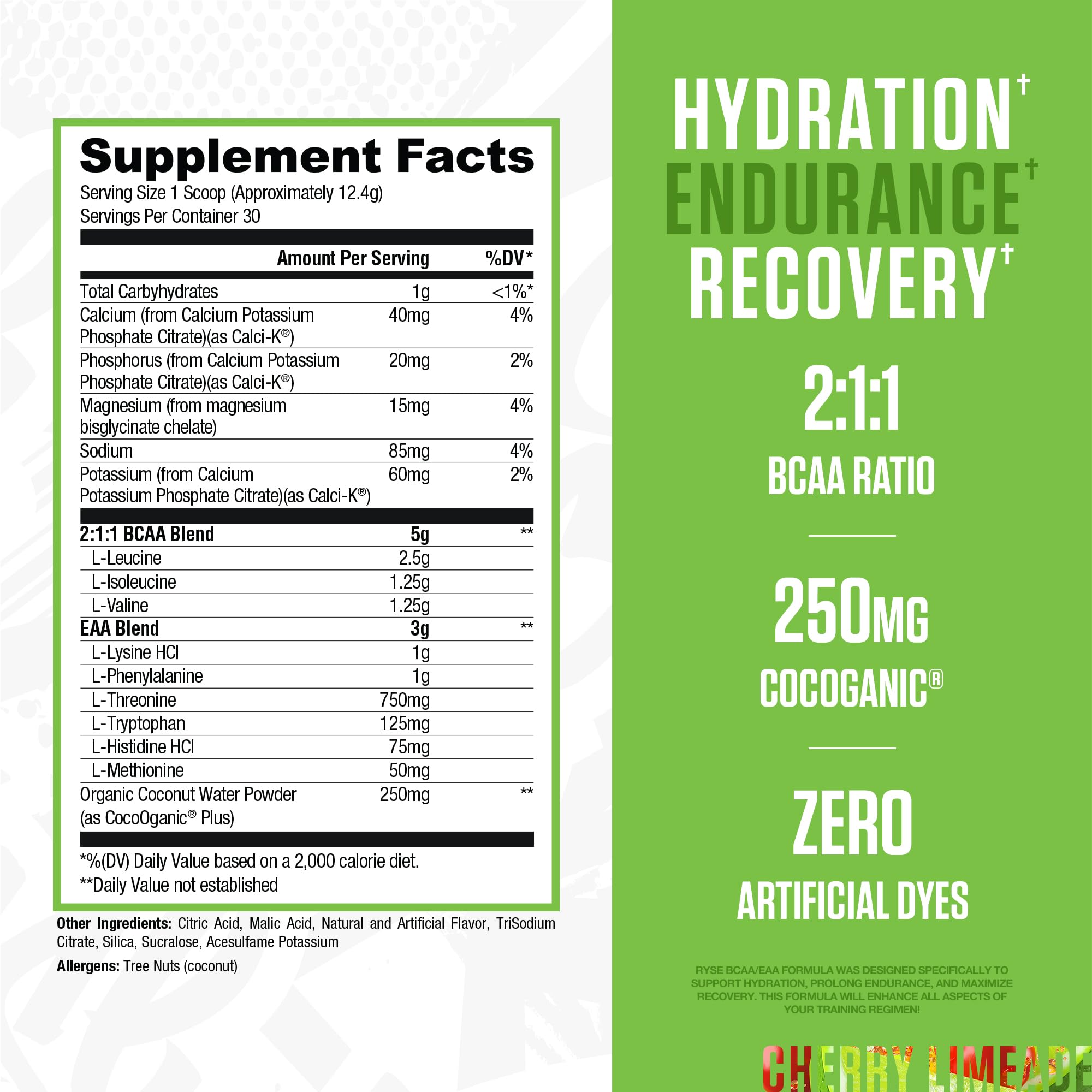 RYSE BCAA EAA Powder Cherry Limeade scoop for pre-workout fueling.