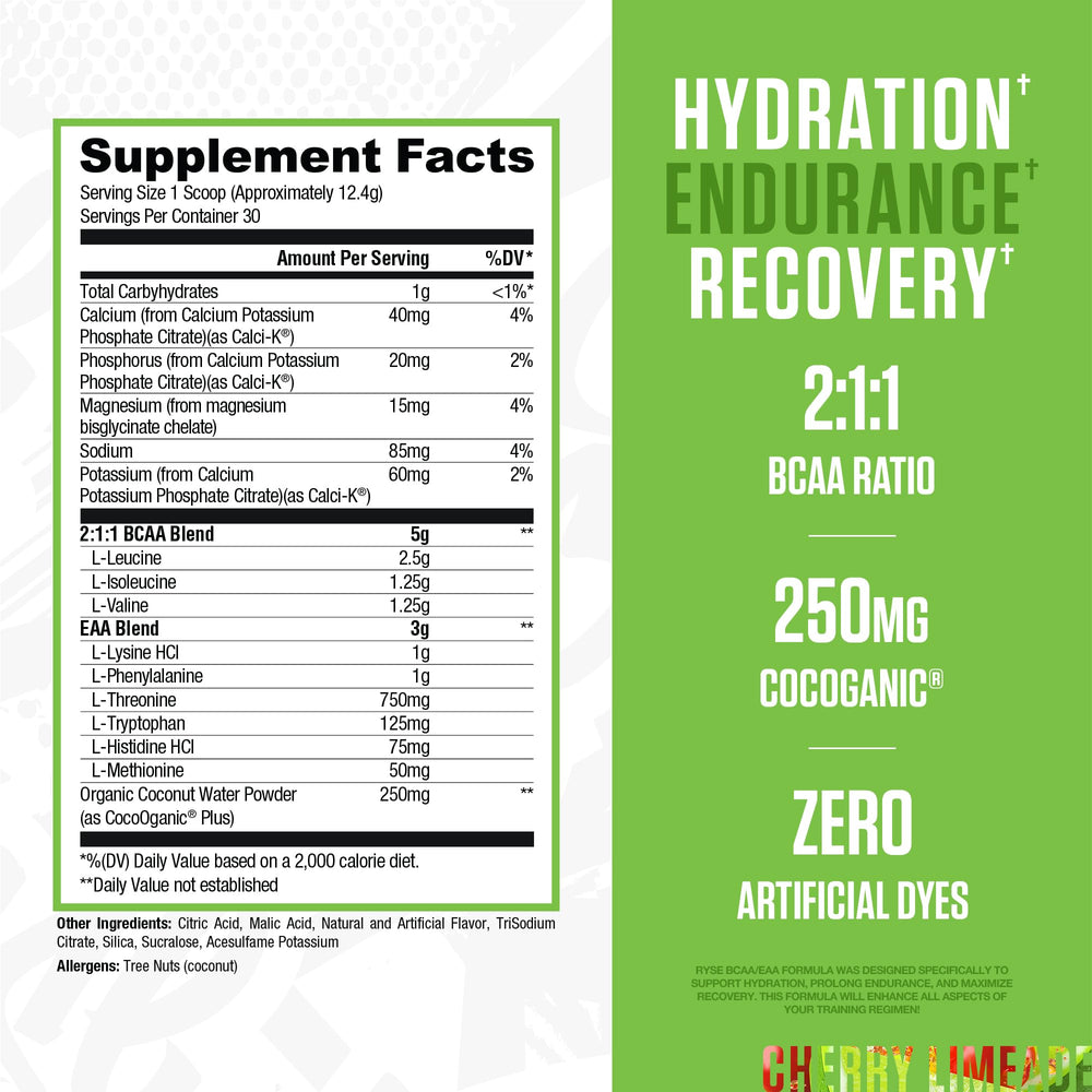 RYSE BCAA EAA Powder Cherry Limeade scoop for pre-workout fueling.