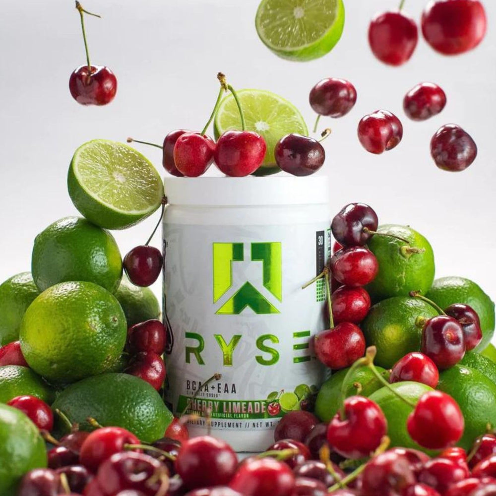 RYSE BCAA EAA Powder Cherry Limeade tub back shows nutrition details.