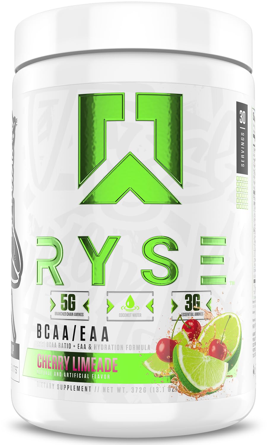 RYSE BCAA EAA Powder Cherry Limeade tub front for hydration during workouts.