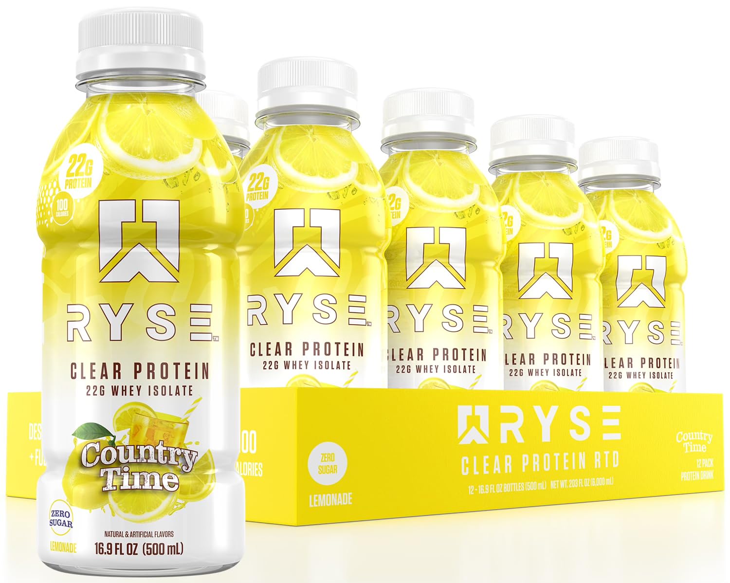 RYSE Clear Protein Drink Country Time Lemonade bottle offers a refreshing, sugar-free 22g protein on the go.