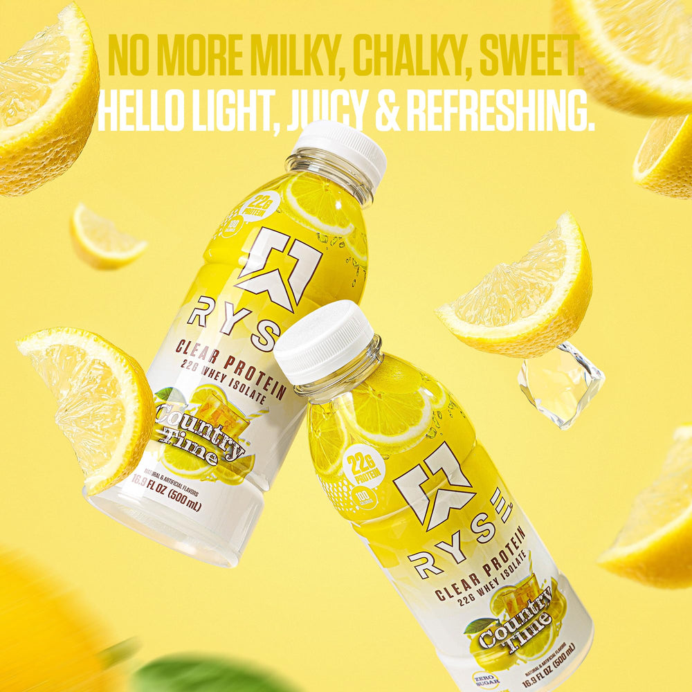 RYSE Clear Protein Drink Country Time Lemonade close-up captures smooth, clear protein beverage with whey isolate.
