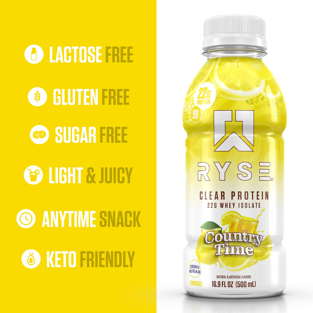 RYSE Clear Protein Drink Country Time Lemonade glass reveals a bright, thirst-quenching beverage.