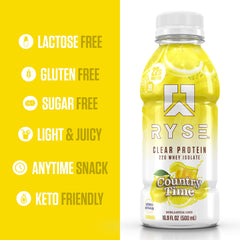 RYSE Clear Protein Drink Country Time Lemonade glass reveals a bright, thirst-quenching beverage.