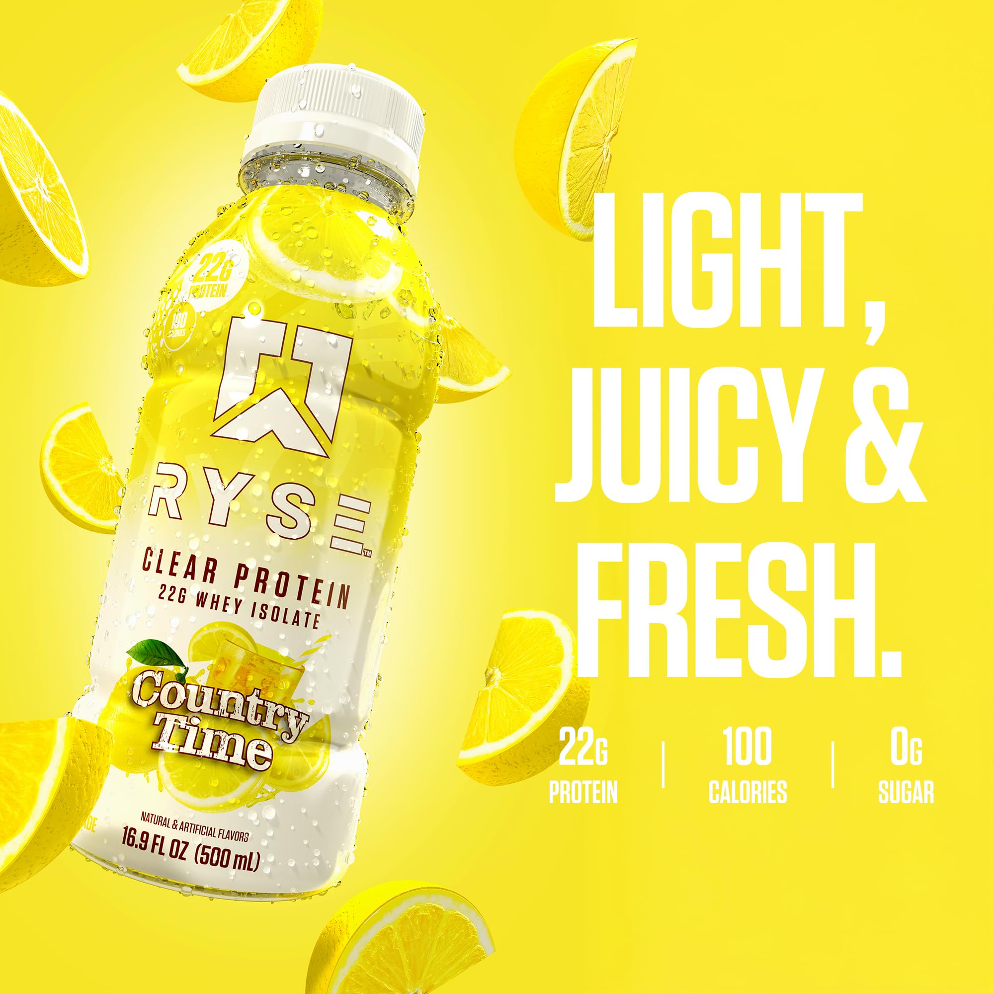 RYSE Clear Protein Drink Country Time Lemonade pack demonstrates convenient 12-bottle value for workouts.