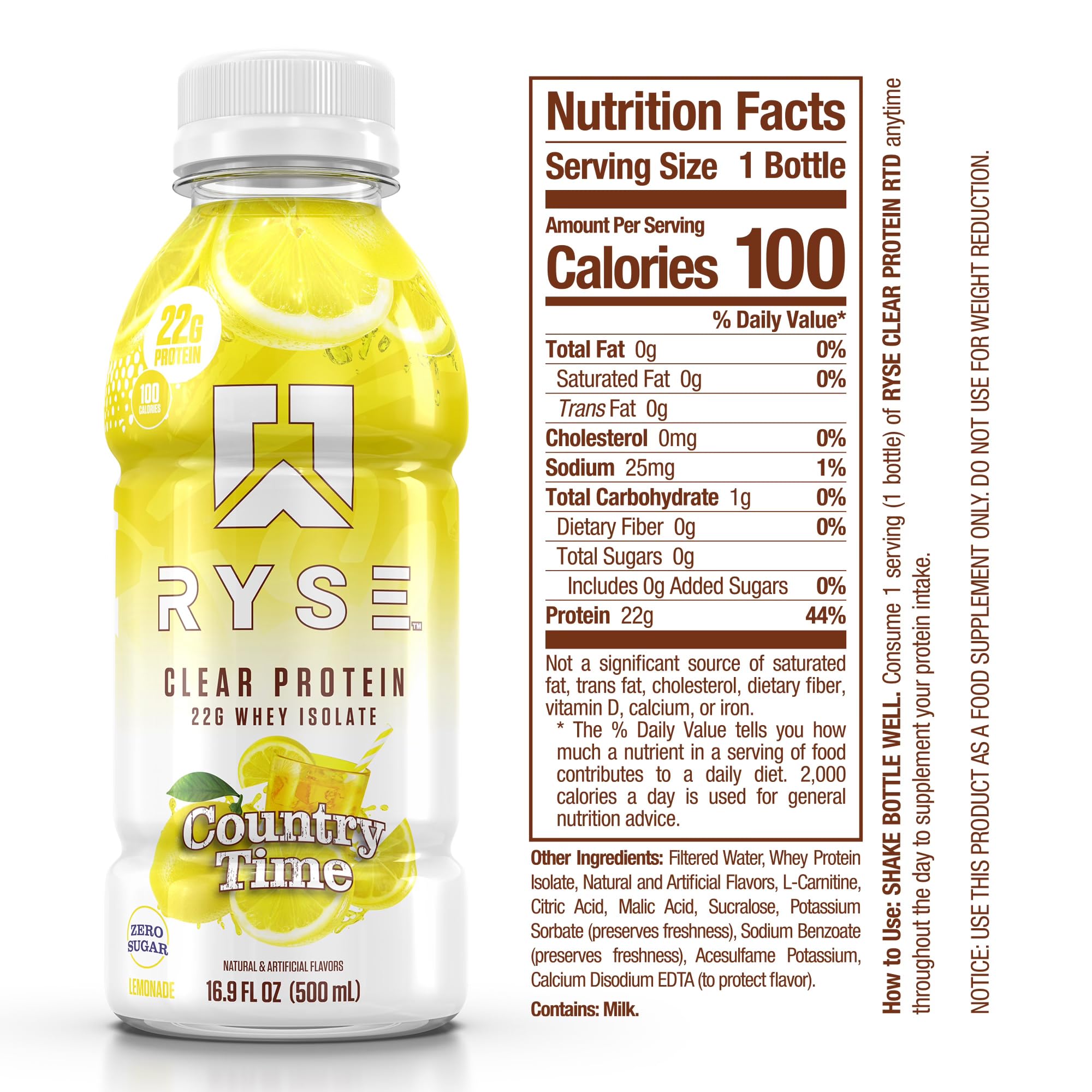 RYSE Clear Protein Drink Country Time Lemonade pour shows a juice-like texture for easy sipping.