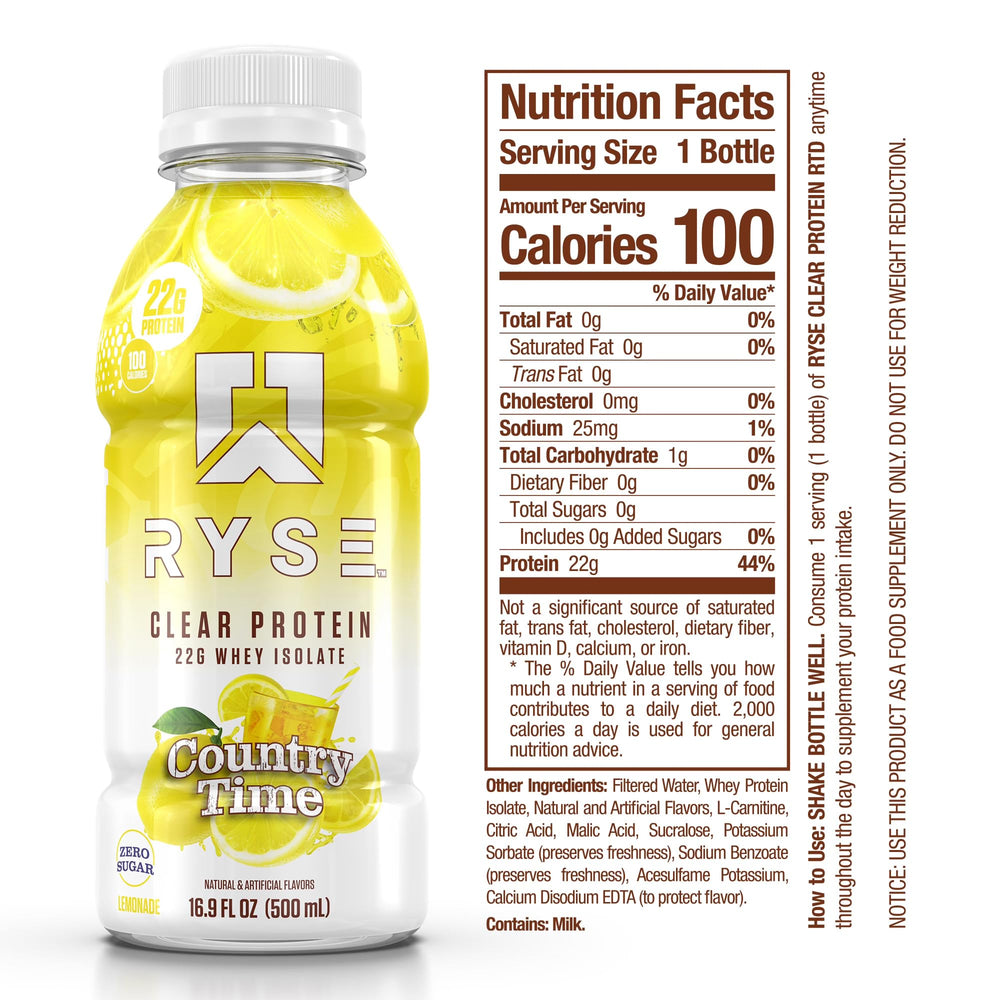 RYSE Clear Protein Drink Country Time Lemonade pour shows a juice-like texture for easy sipping.