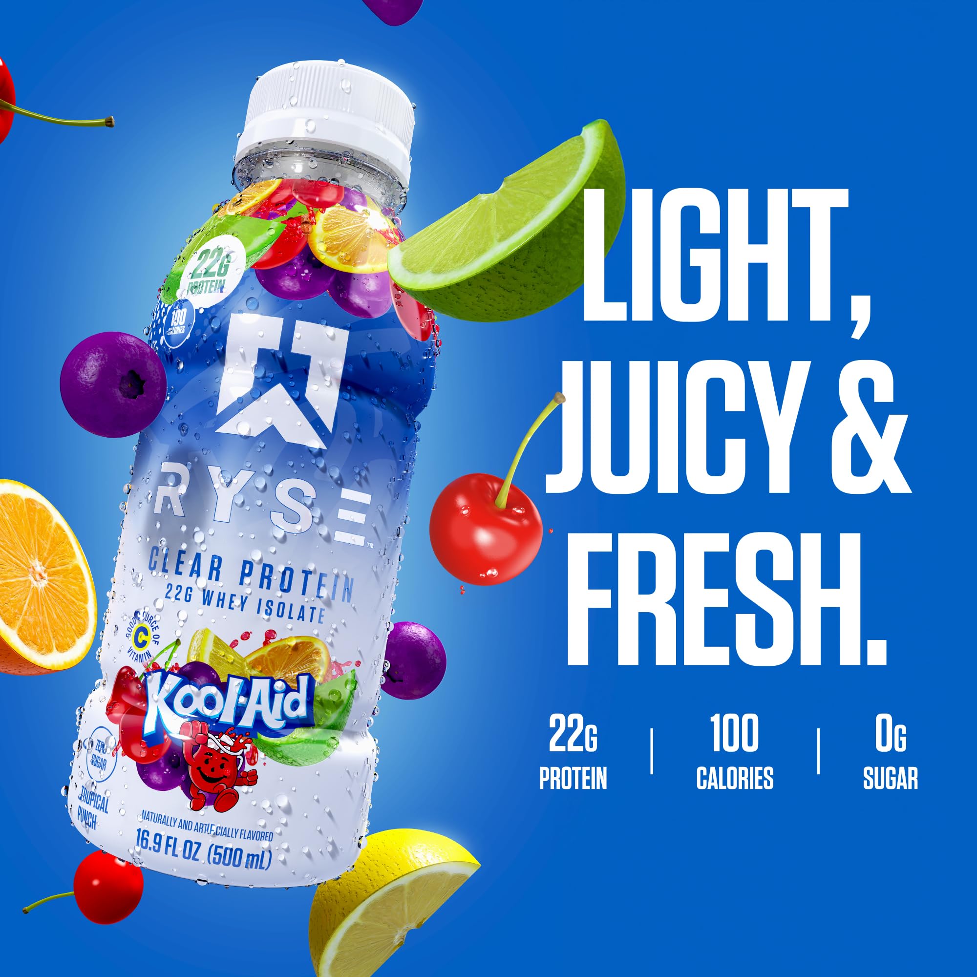 RYSE Clear Protein Drink chilled serving suggesting quick hydration after workouts.