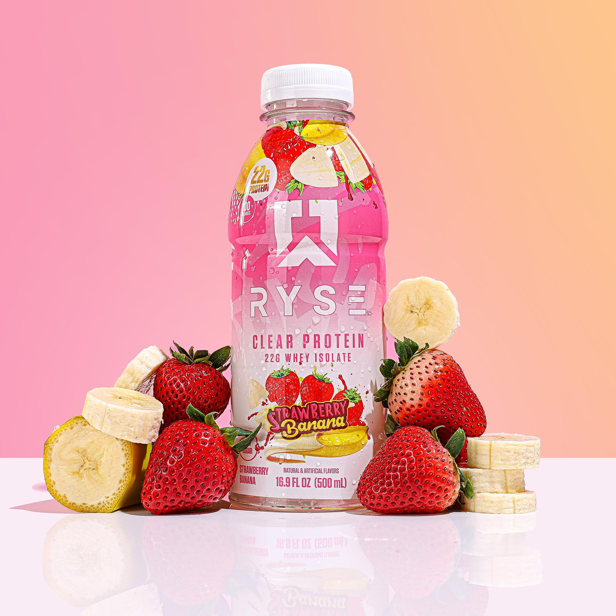 Strawberry banana flavor of RYSE Clear Protein Drink in close-up