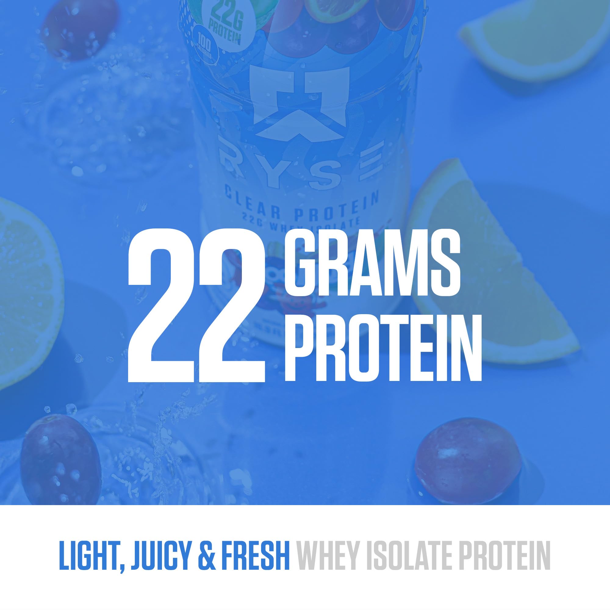 RYSE Clear Protein Drink glass over ice highlighting zero sugar appeal.