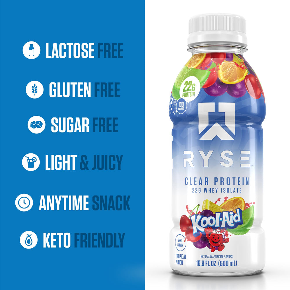 RYSE Clear Protein Drink label detail indicating lactose-free and whey 22g content.