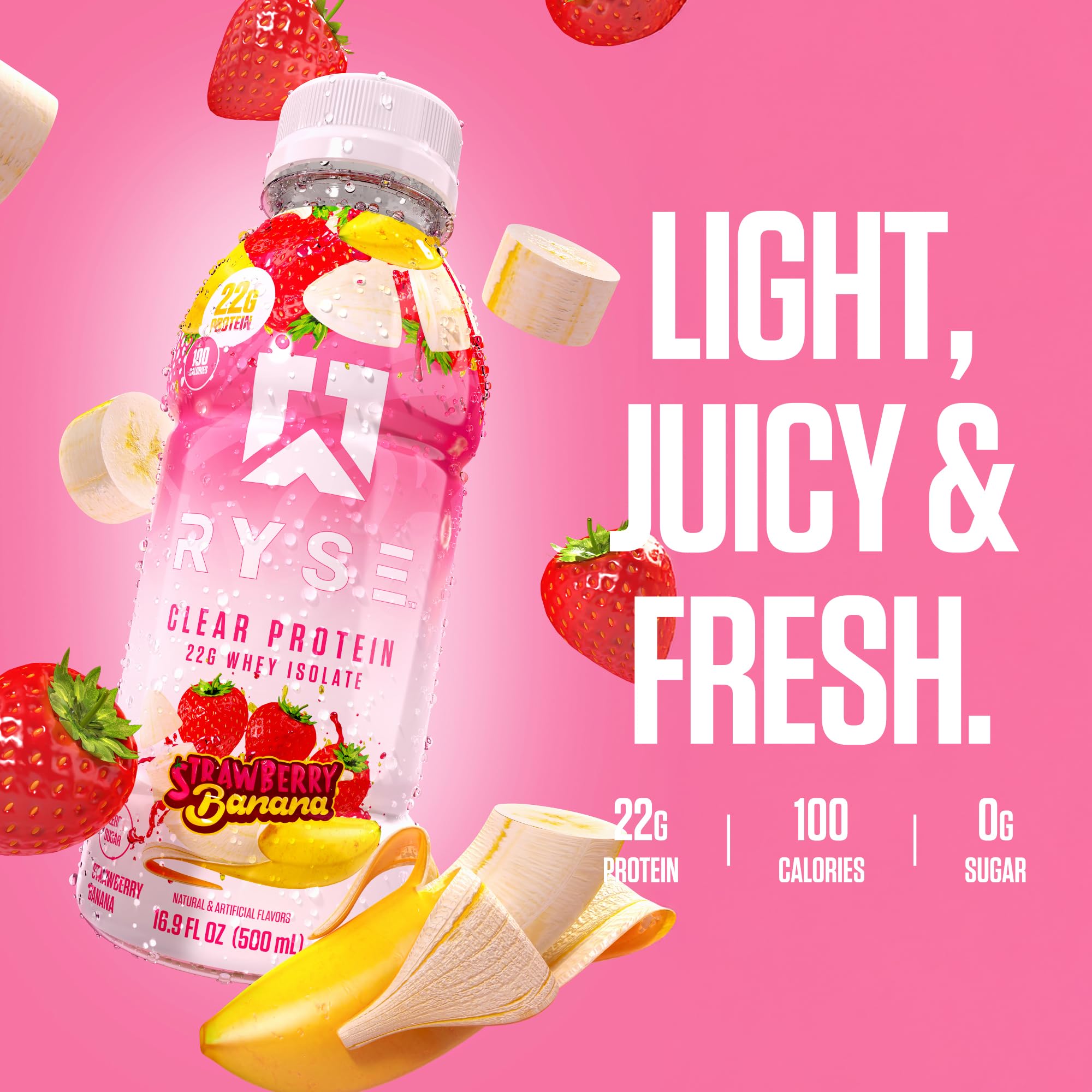 On-the-go bottle of RYSE Clear Protein Drink in a gym-friendly setting