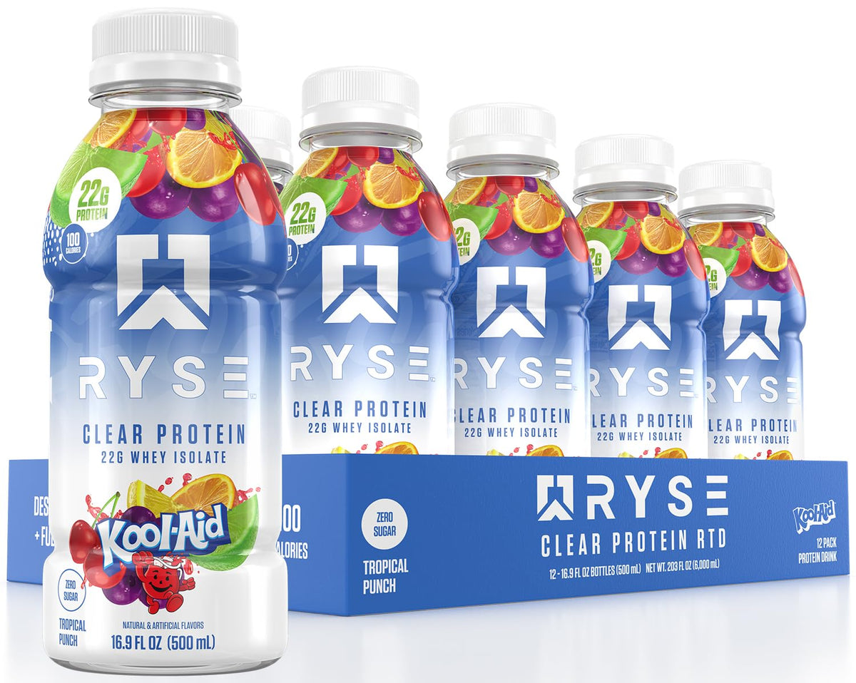 RYSE Clear Protein Drink pouring, refreshing post-workout option with crisp fruit flavor.