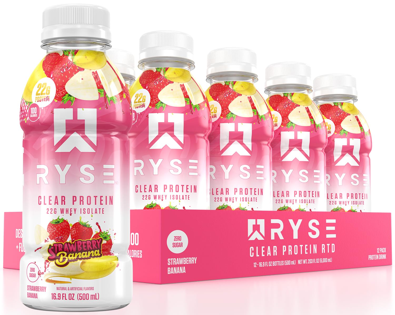 RYSE Clear Protein Drink bottle in strawberry banana flavor for refreshing on-the-go protein