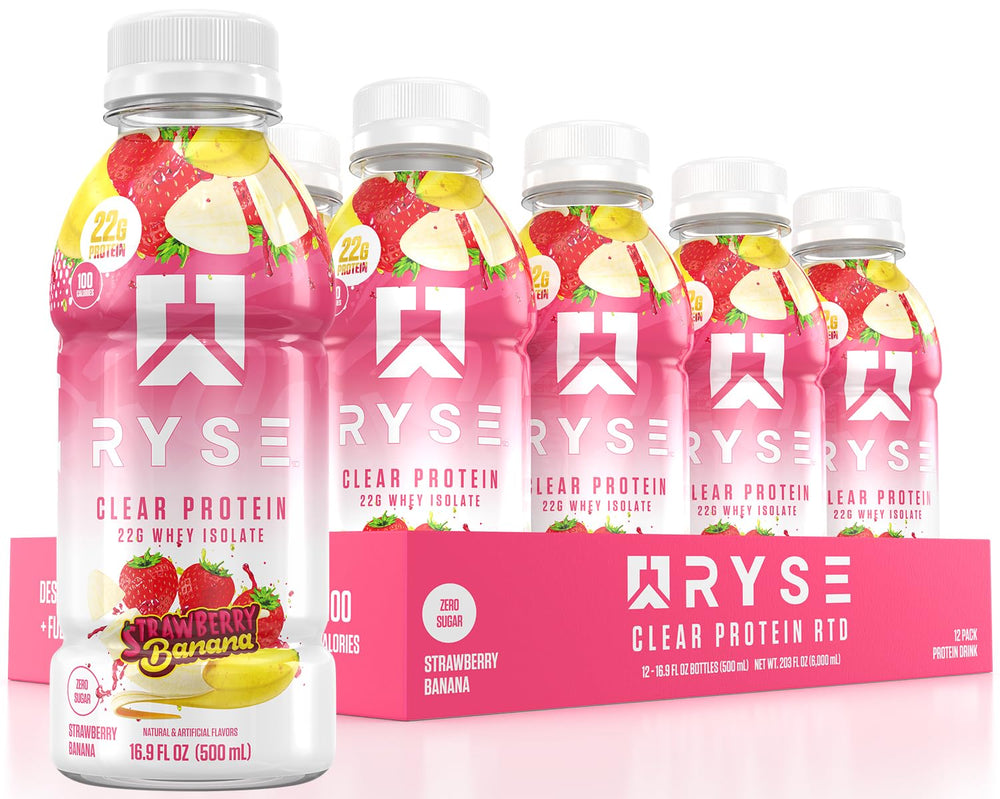 RYSE Clear Protein Drink bottle in strawberry banana flavor for refreshing on-the-go protein