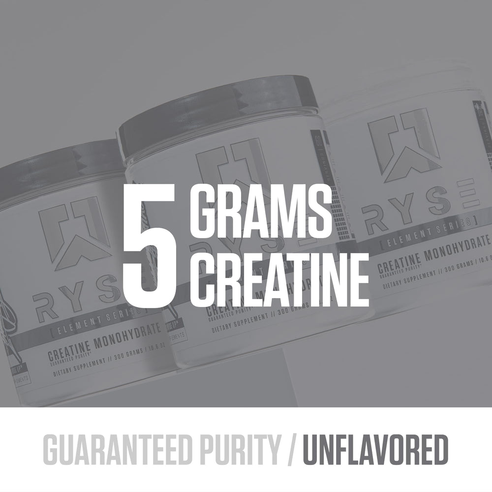 RYSE Creatine Monohydrate unflavored jar label highlighting premium quality