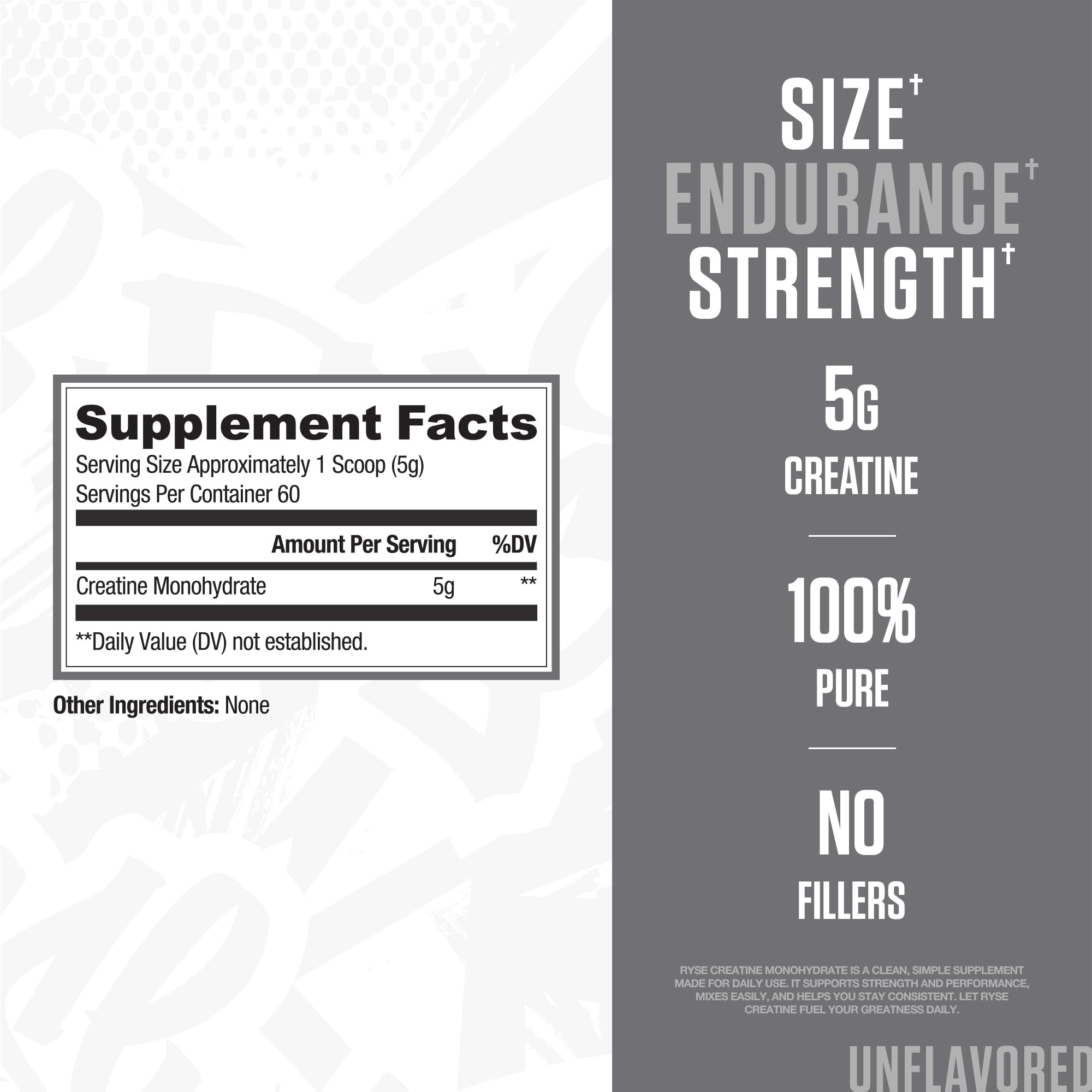 RYSE Creatine Monohydrate unflavored powder closeup showing purity and potency