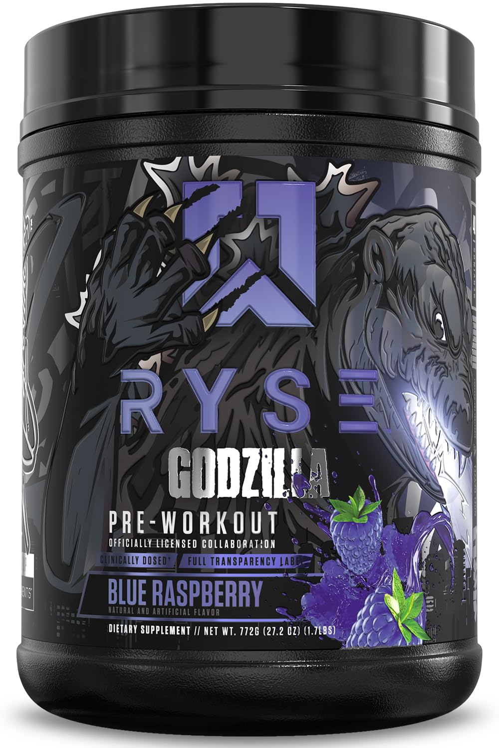 RYSE Godzilla blue raspberry powder jar ready for pre-workout energy before training