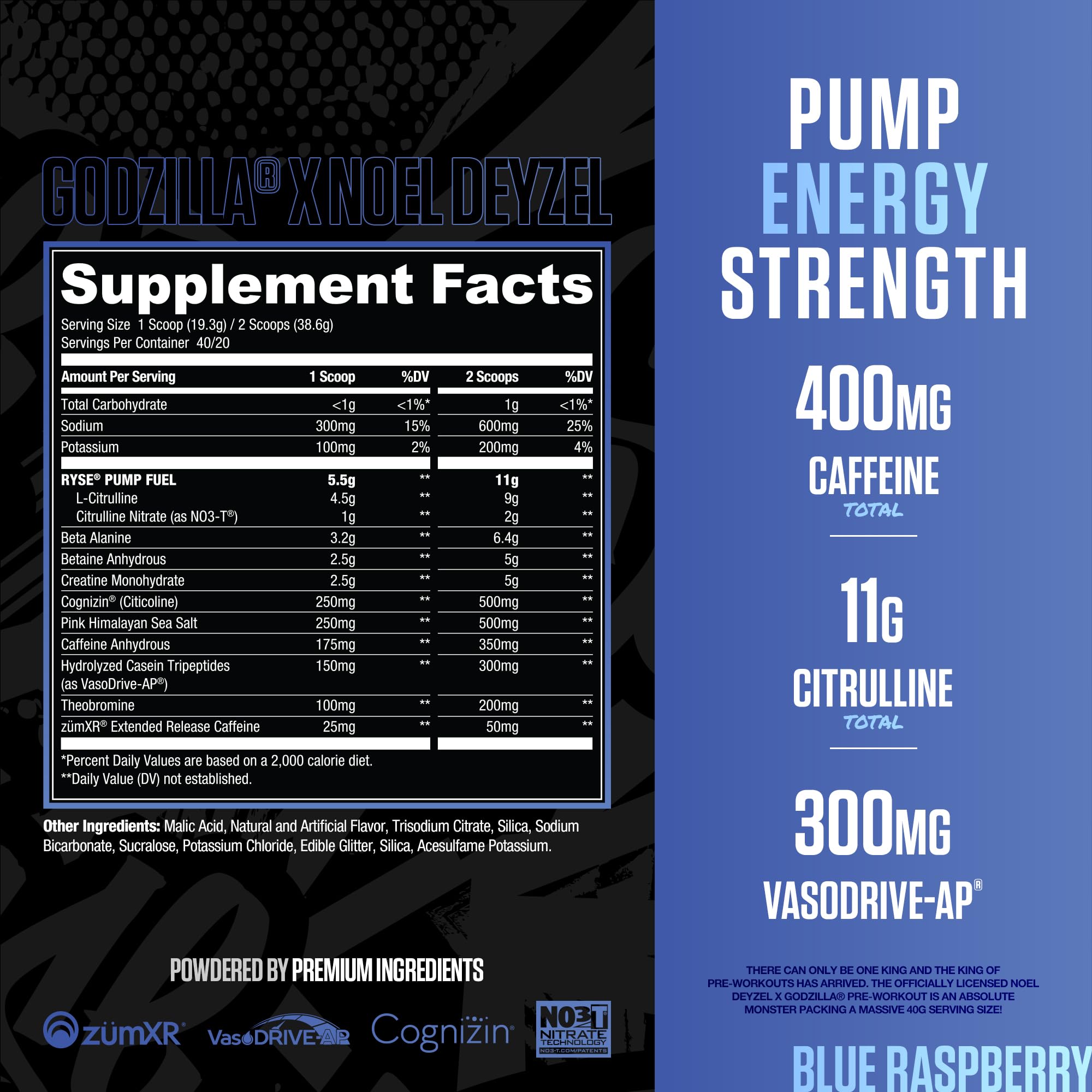 RYSE Godzilla blue raspberry scoop demonstrates convenient serving for a quick workout boost