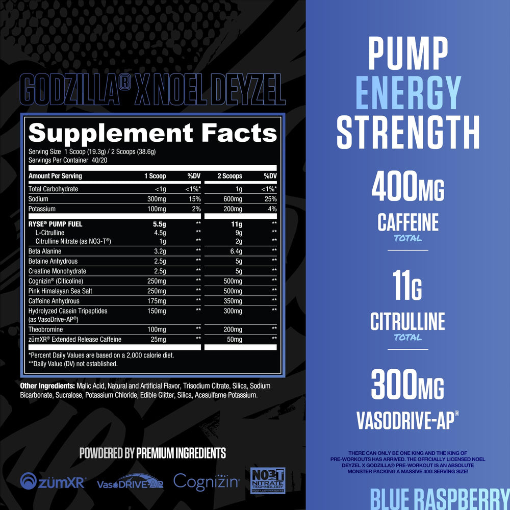 RYSE Godzilla blue raspberry scoop demonstrates convenient serving for a quick workout boost