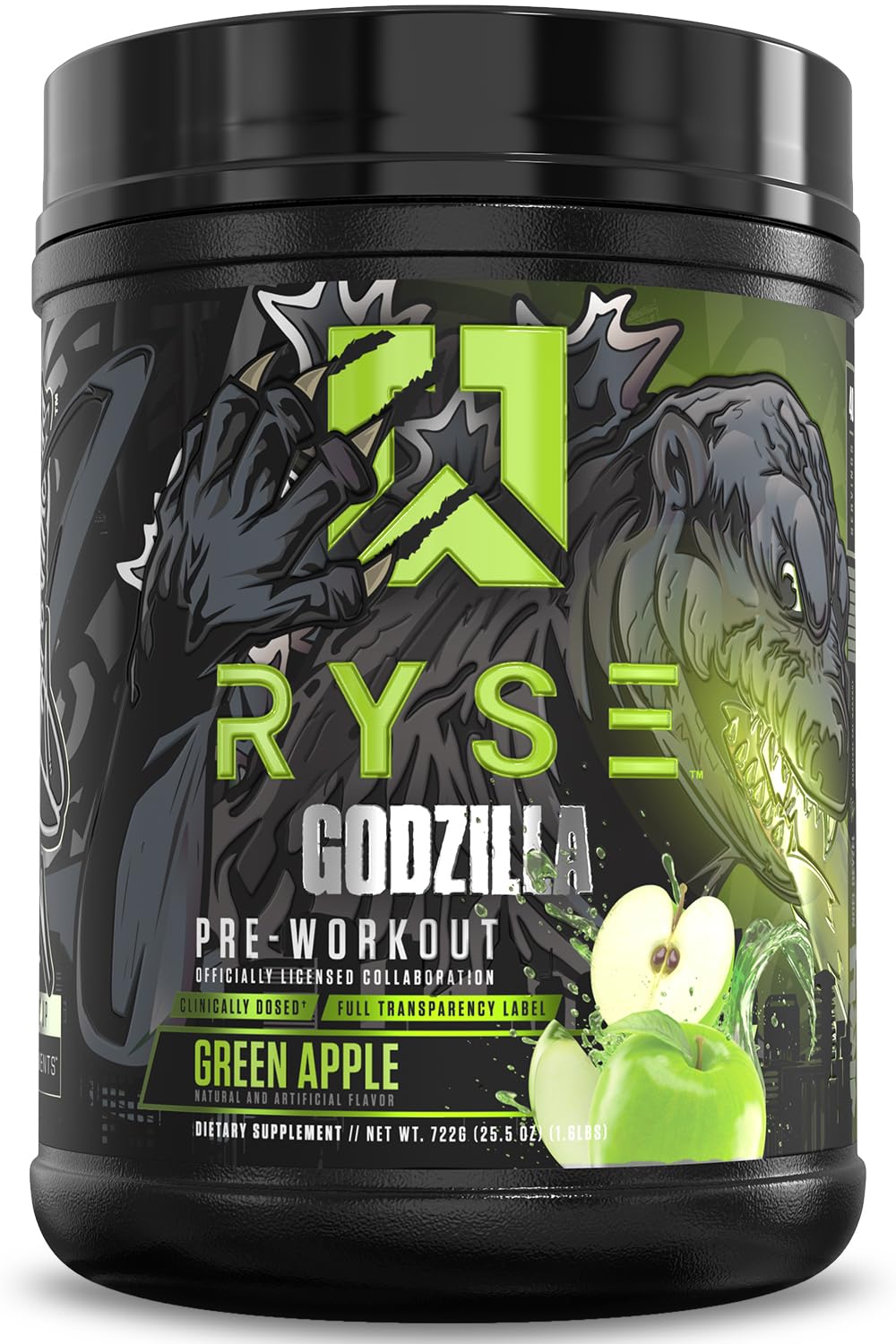 RYSE Godzilla Green Apple bottle ready for a high-energy workout