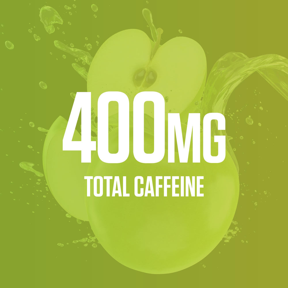 Close-up of the RYSE Godzilla Green Apple label highlighting ingredients and caffeine blend