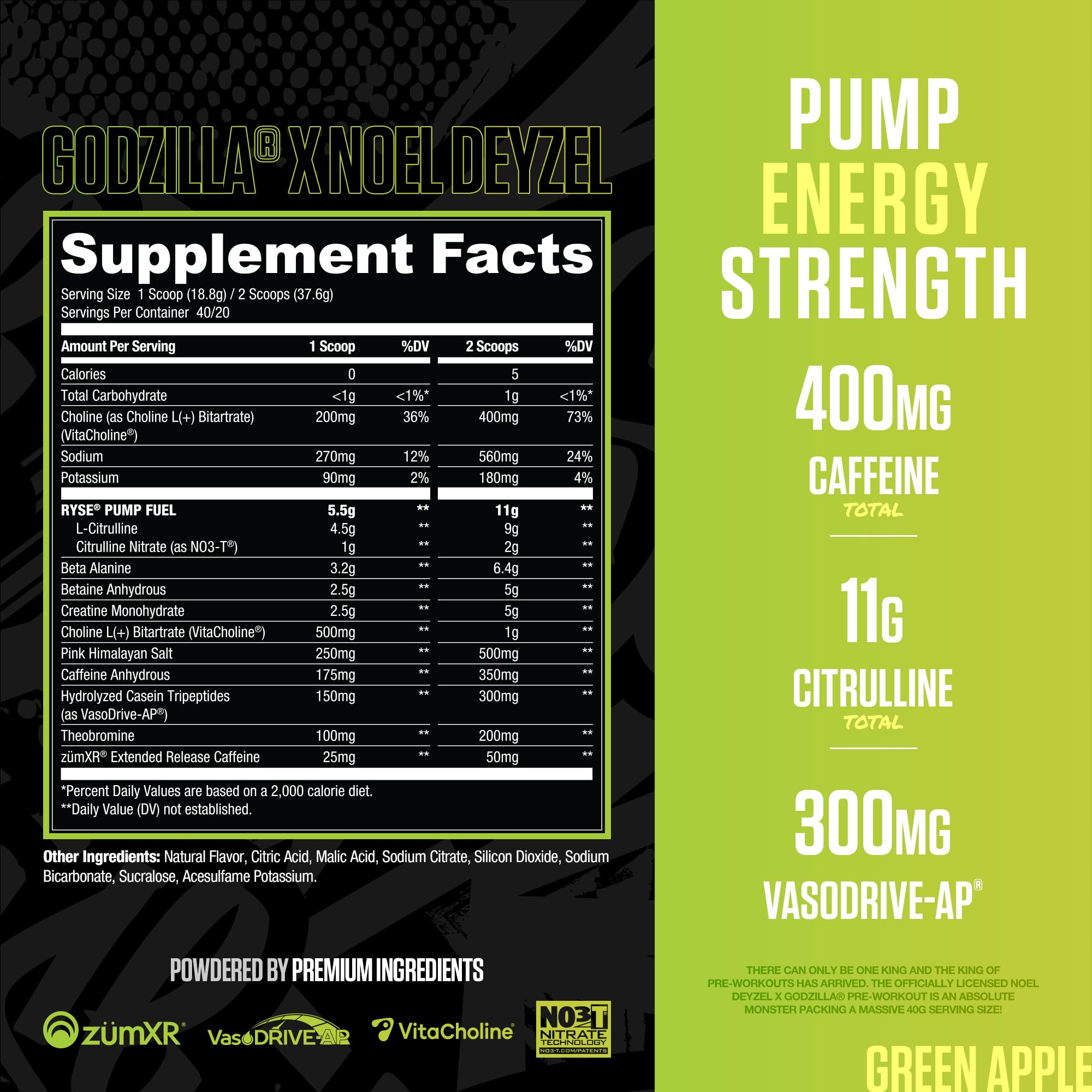 RYSE Godzilla Green Apple scoop showing precise dosing for intense training