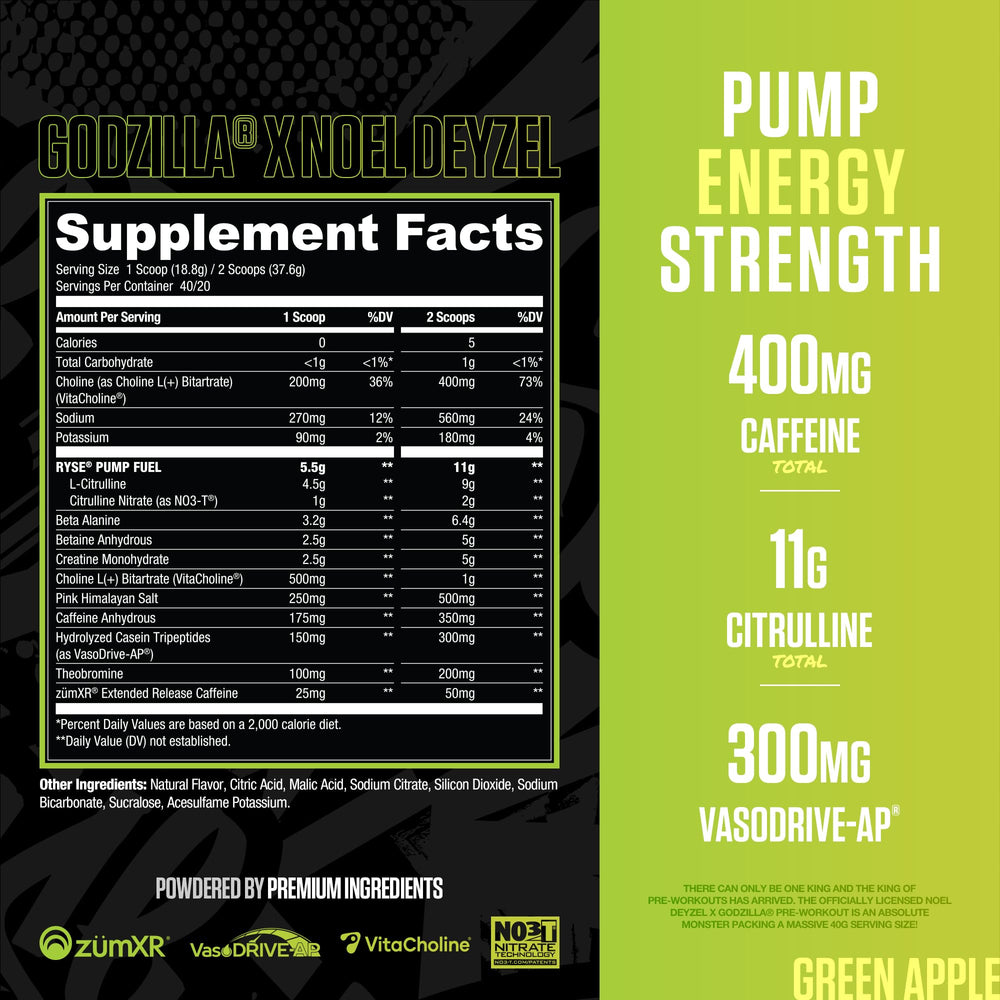 RYSE Godzilla Green Apple scoop showing precise dosing for intense training