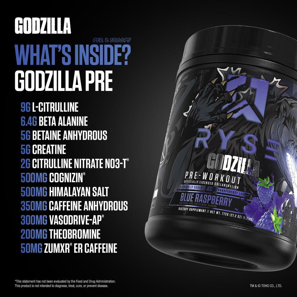 RYSE Godzilla pre-workout serving graphic suggests sustained energy and sharp focus