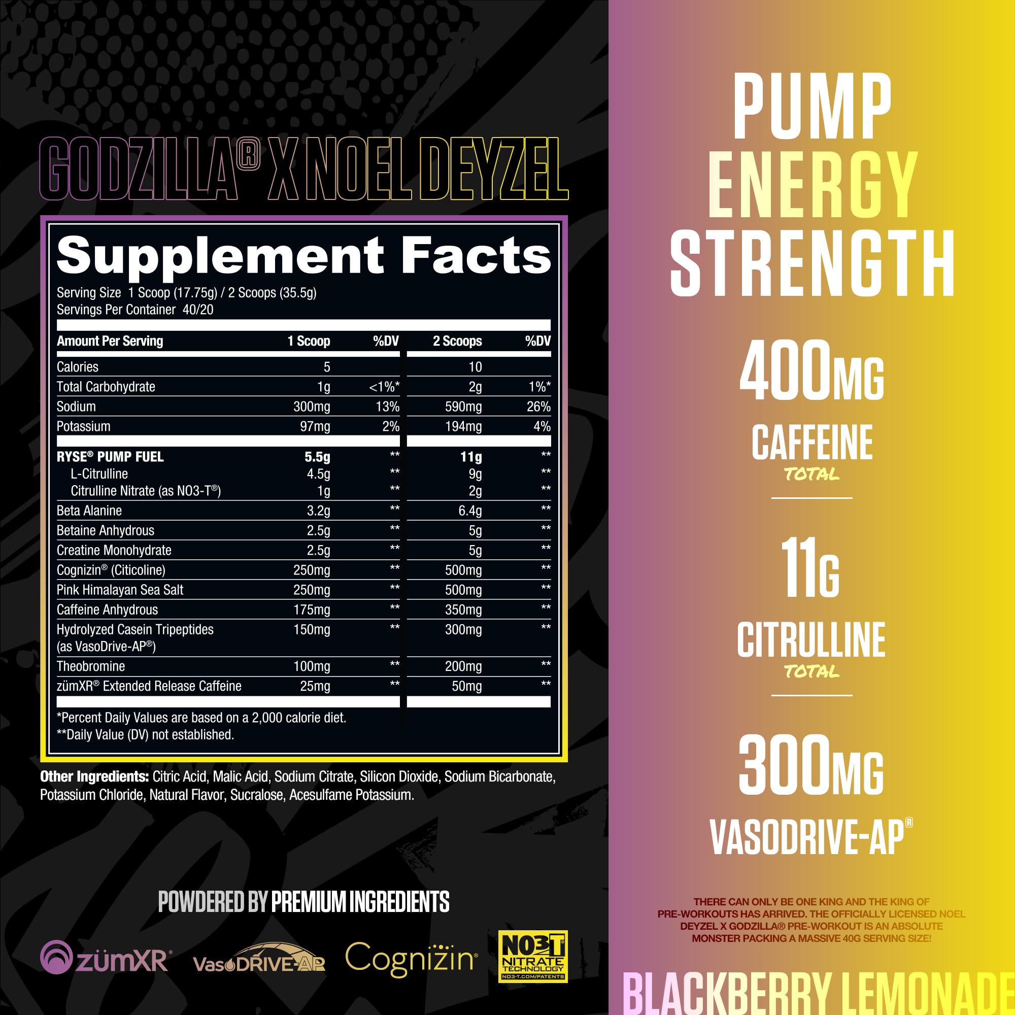 RYSE Godzilla X Noel Deyzel pre-workout tub label close-up with ingredients highlighted