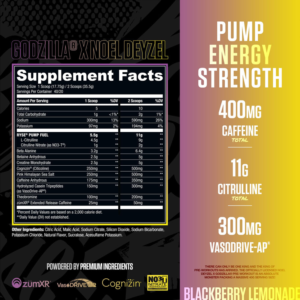 RYSE Godzilla X Noel Deyzel pre-workout tub label close-up with ingredients highlighted