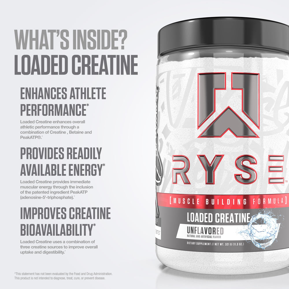 RYSE Loaded Creatine powder texture shows fine unflavored granules