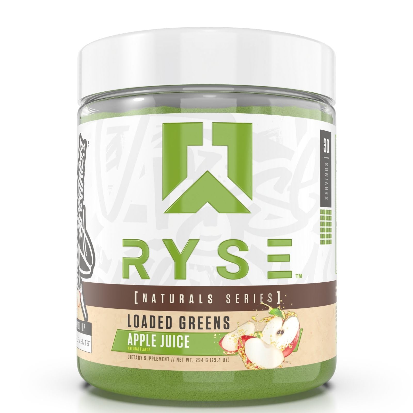 RYSE Loaded Greens apple-juice glow enhances daily energy and immune support.