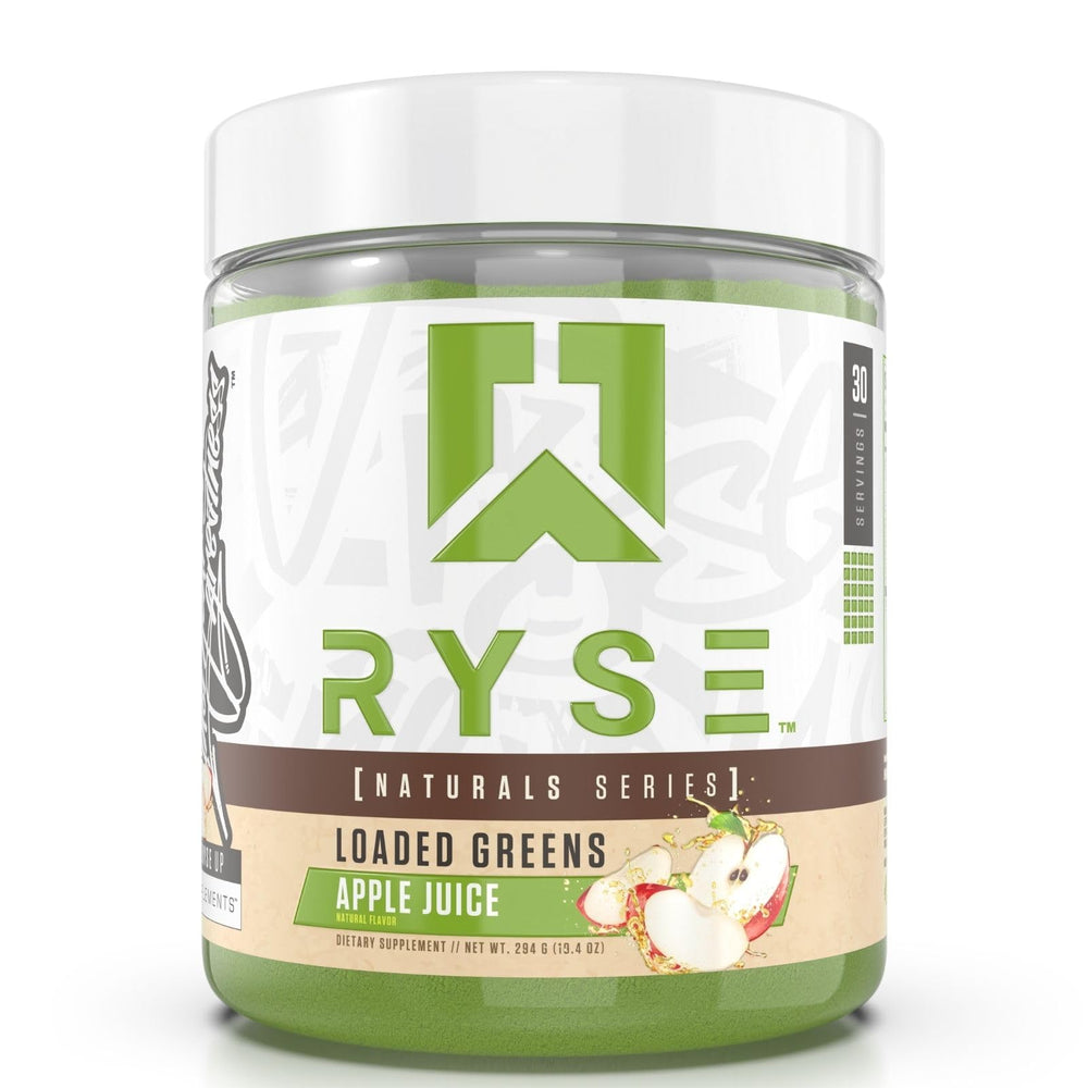 RYSE Loaded Greens apple-juice glow enhances daily energy and immune support.