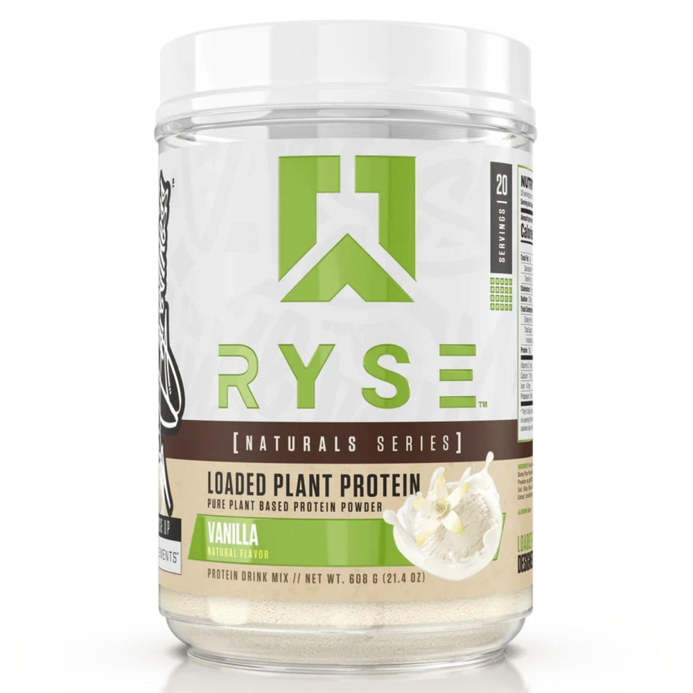 RYSE Loaded Plant Protein Vanilla bottle shows creamy protein for post workout recovery
