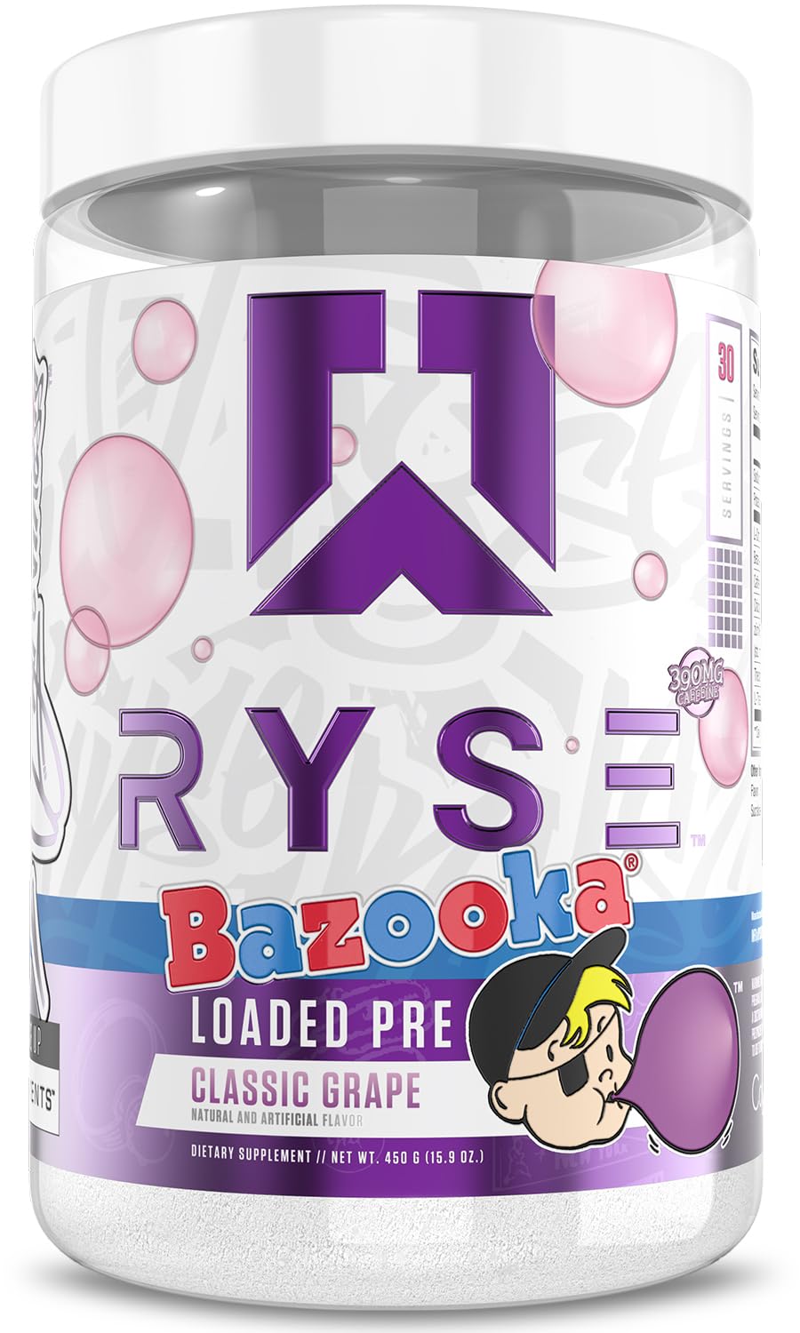 RYSE Loaded Pre Workout Bazooka Grape bottle shows the tub for quick, energy-boosting servings.