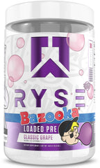 RYSE Loaded Pre Workout Bazooka Grape bottle shows the tub for quick, energy-boosting servings.