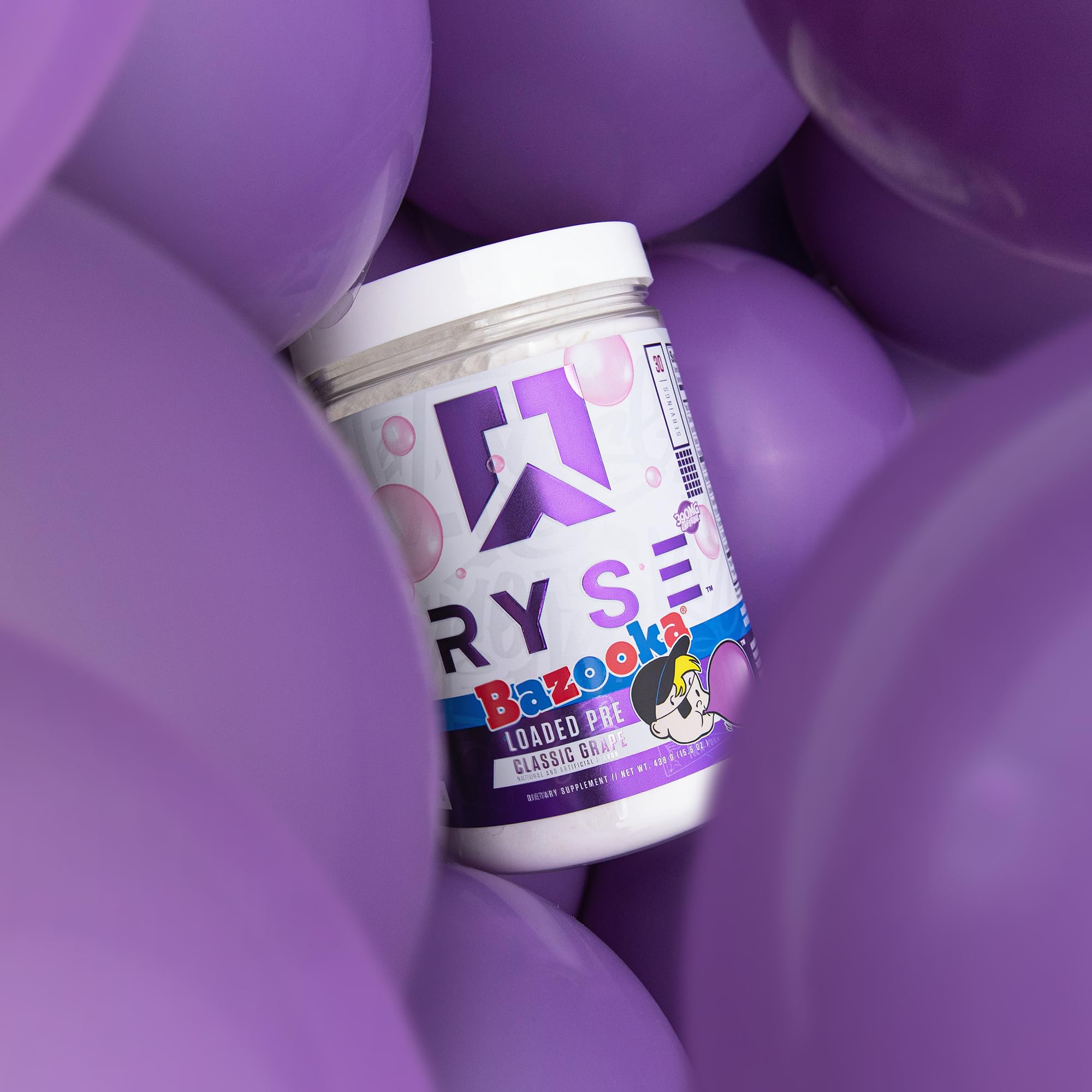 RYSE Bazooka Grape tub front highlights caffeine strength for focused workouts.