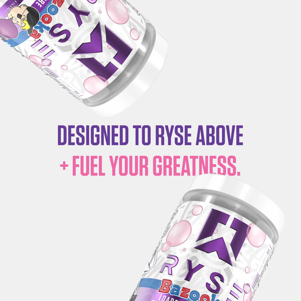 RYSE Loaded Pre Workout Bazooka Grape label shows Citrulline and Beta-Alanine amounts.