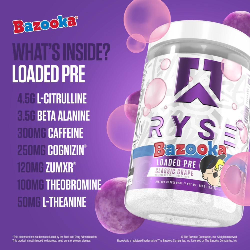 RYSE Loaded Pre Workout Bazooka Grape powder mixing for flavorful, smooth drink.