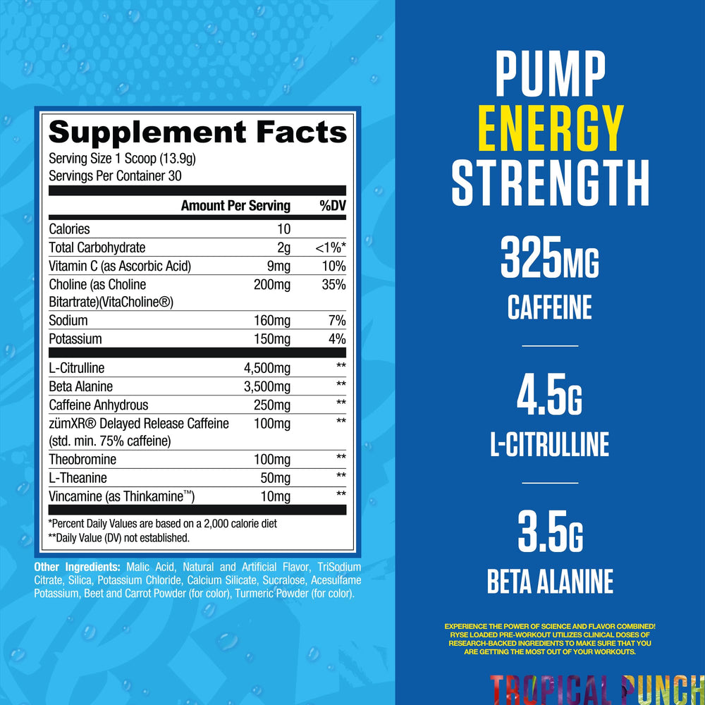 Ryse Loaded Pre Workout Kool-Aid Tropical Punch bottle front highlights flavor