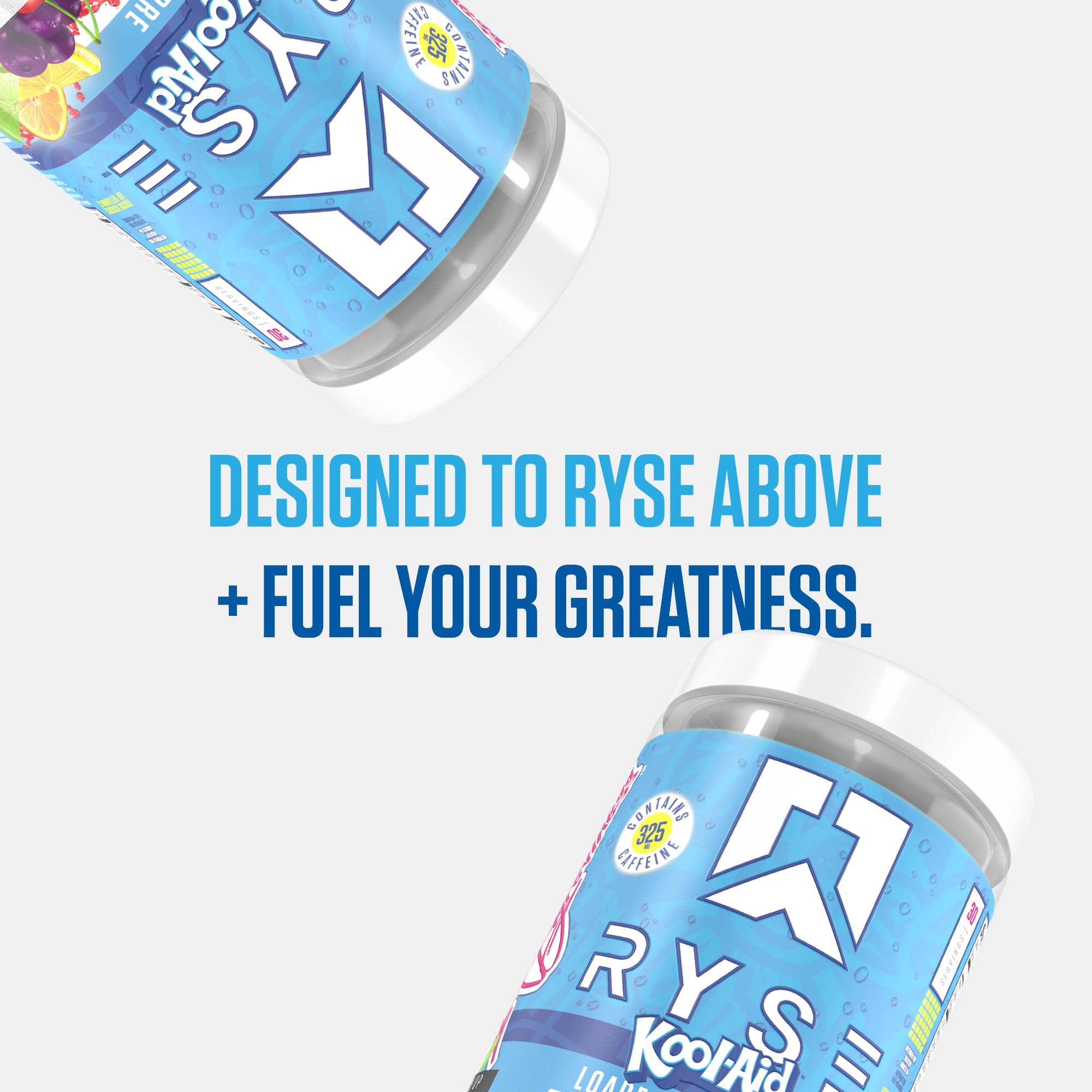 Ryse Loaded Pre Workout Kool-Aid Tropical Punch on gym desk ready for use