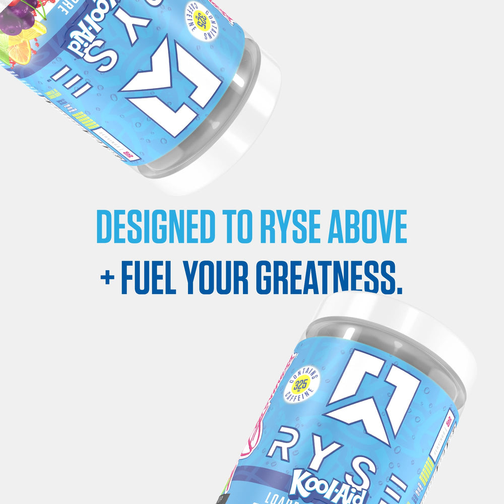 Ryse Loaded Pre Workout Kool-Aid Tropical Punch on gym desk ready for use
