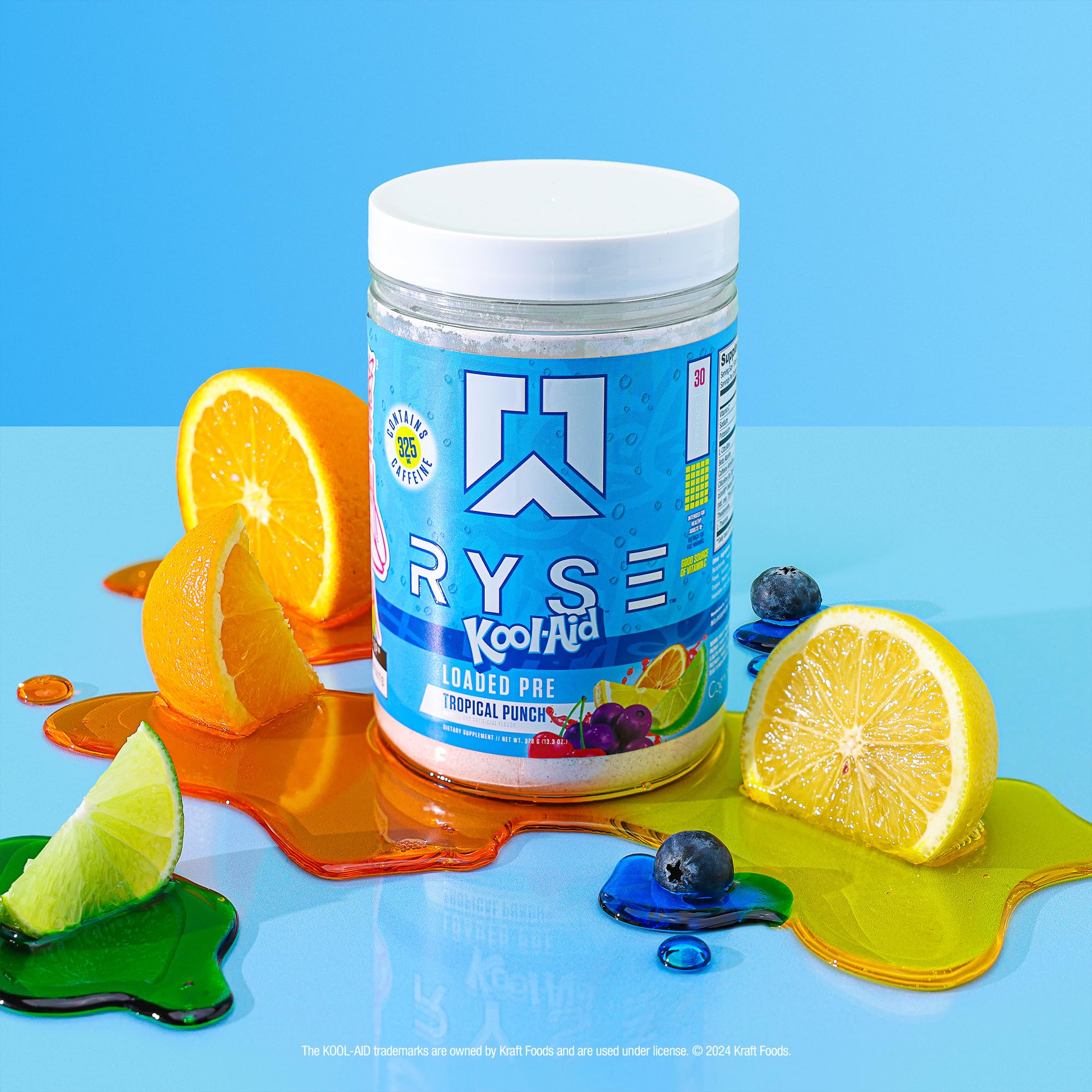 Ryse Loaded Pre Workout Kool-Aid Tropical Punch ingredients panel highlights caffeine and amino acids