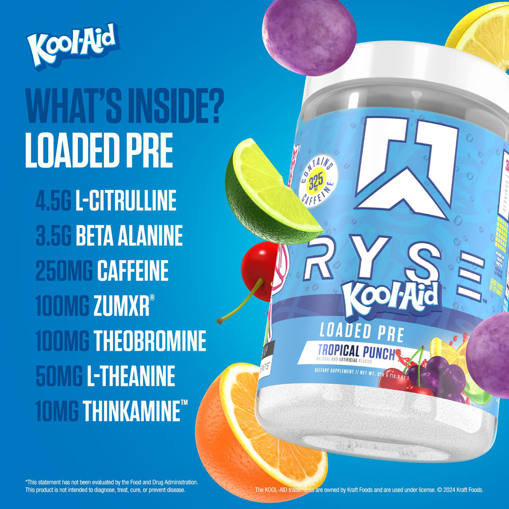 Ryse Loaded Pre Workout Kool-Aid Tropical Punch mixed drink ready for training